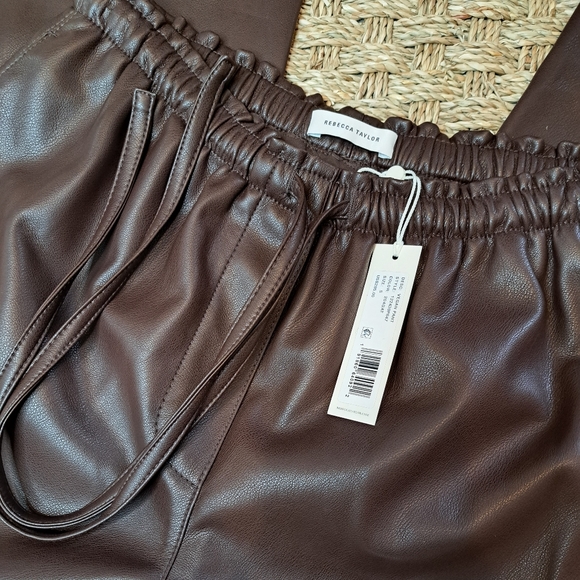 REBECCA TAYLOR VEGAN LEATHER WIDE LEG PANTS W/DRAWSTRING WAIST, DATE BROWN S - Picture 3 of 15